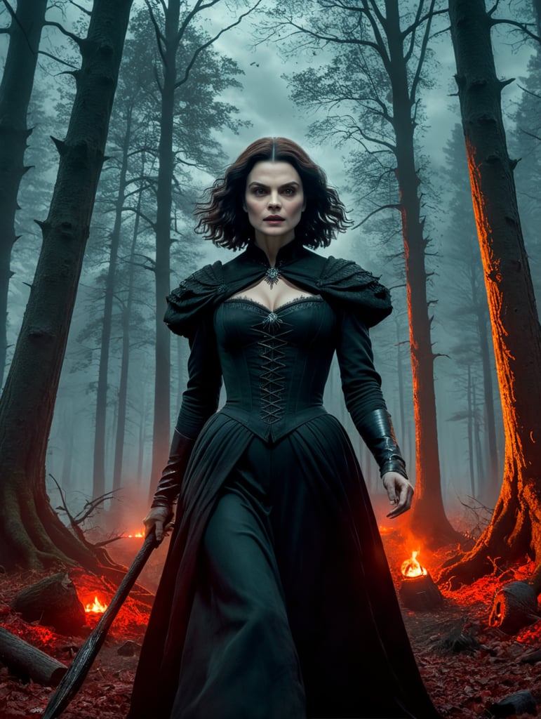 By Stephen King and James Wan, visualize Rachel Weisz as a cursed witch practicing dark arts in a haunted, ancient forest, as the skies bleed red on Halloween night, eerie, horrific, bloody, Halloween, cinematic photography, action shoot, movement, epic, high definition