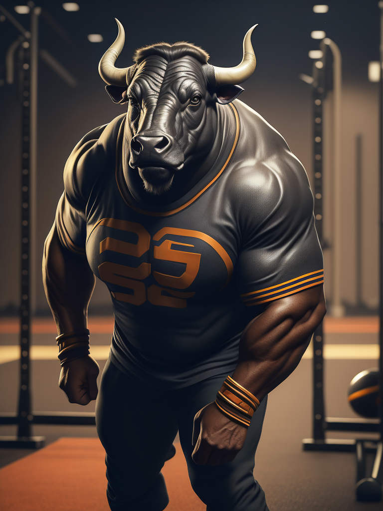 Bull look like a human stylized as a sport coach with whistle and white t-shirt in the gym