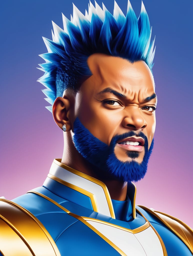 Will Smith as Dragon Ball character Vegeta, aggressive face, blue and white suit, spiky hairstyle, bright saturated colors, bright gradient background,
