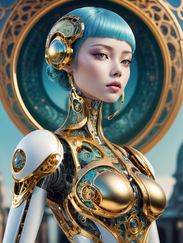 A female robot with an art Nouveau cyberpunk aesthetic, body is made from a delicate mechanical ornamental exterior reminiscent of a delicate gleaming porcelain and gold trimmed filigree should reveal a hollow see through body, hyper-surrealistic detailed 3d rendering digital art style, background galaxy sky