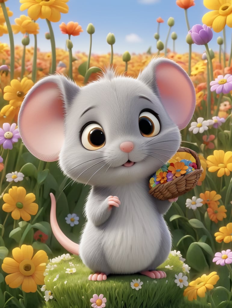 cute gray mouse with basket in a beautiful flower field