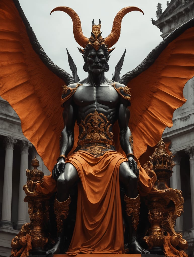 the statue of demon's is on top of it in the background, in the style of experimental filmmaking, dark orange and gold, experimental videos, southern gothic-inspired, baroque nu-vintage, slumped draped, captures the essence of nature