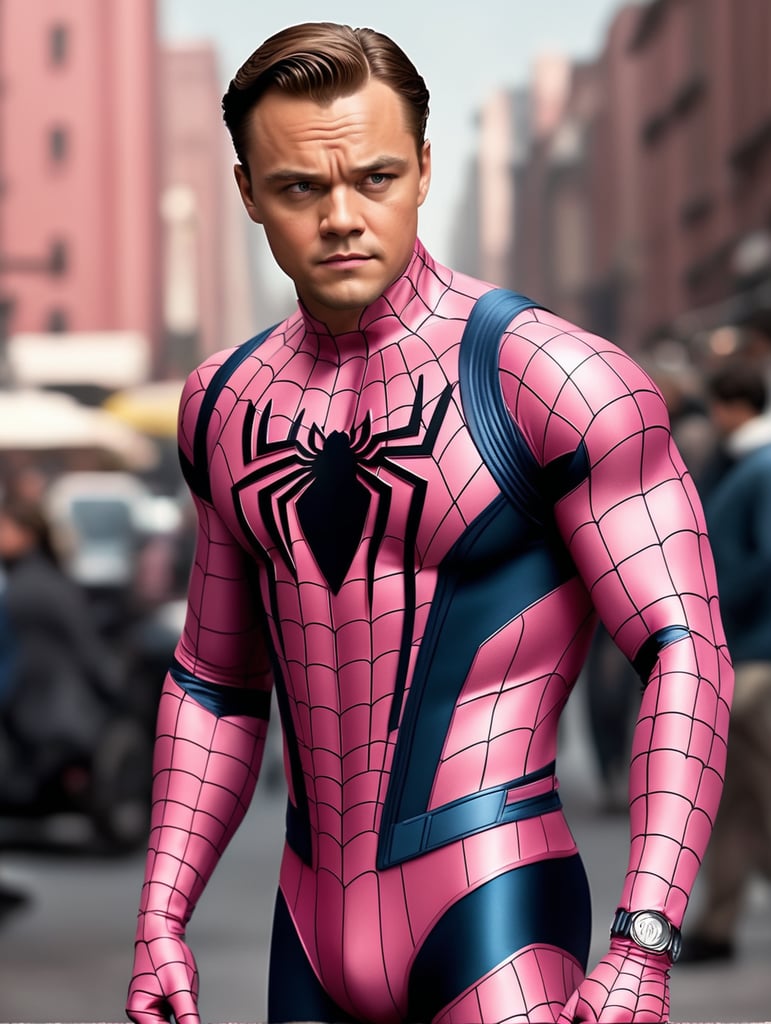 A super HD realistic photo leonardo di caprio in pink spiderman outfit