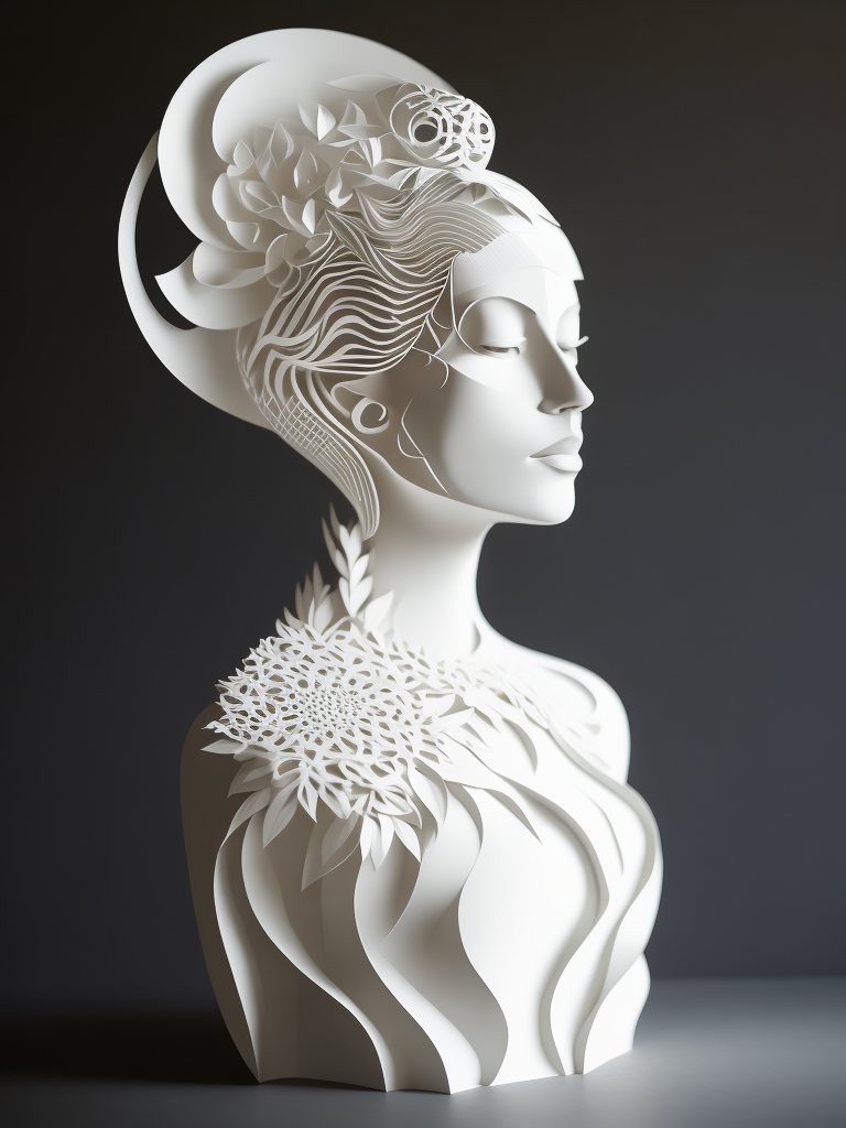 White cut paper sculpture woman, focus on details