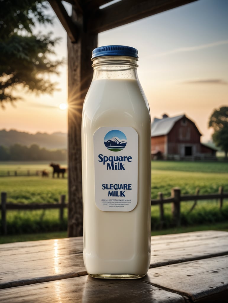 A mockup of a square bottle of milk, early morning, farm blurred background