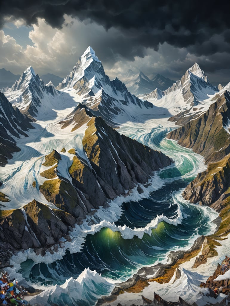 Коллаж из рваной бумаги. Морской пейзаж с заснеженными горами на горизонте.