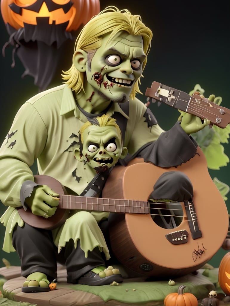Kurt Cobain as a zombie, playing an acoustic guitar, green and black colors, Halloween style