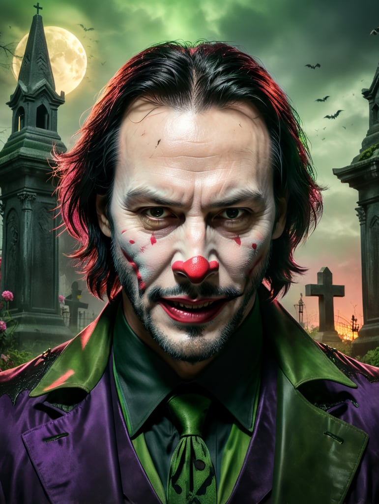 Portrait of Keanu Reeves in a joker costume for Halloween, scary makeup on his face, dark atmosphere, vintage style, green and pink colors, highly detailed photo, professional photo, against the backdrop of an old creepy cemetery, contrasting light, bright colors