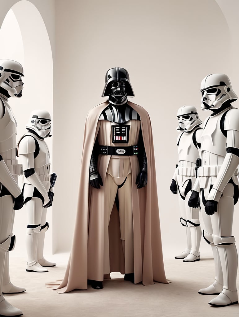 vogue photoshoot of Darth Vader of Star Wars in Wes Anderson style, hyperrealistic photography, Wes Anderson style, 8k