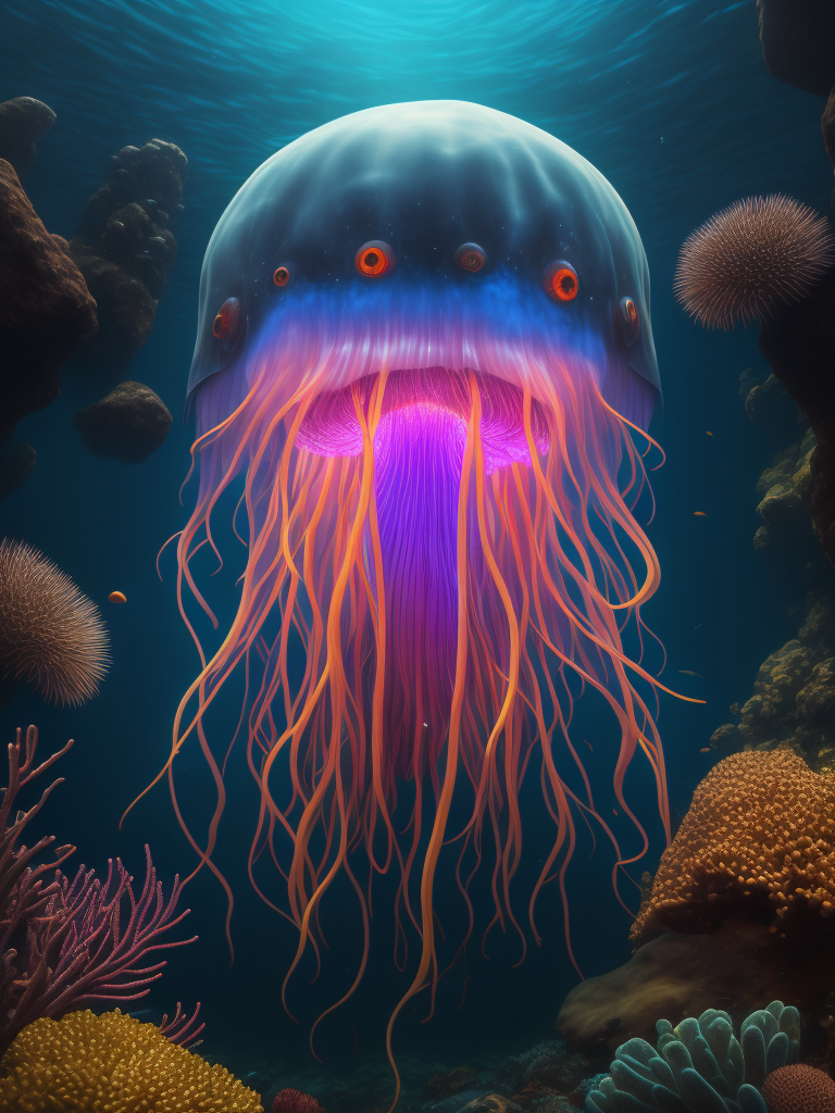 Neon jellyfish swimming in the sea against the background of corals and marine fauna, ultra realistic, super highly detailed,