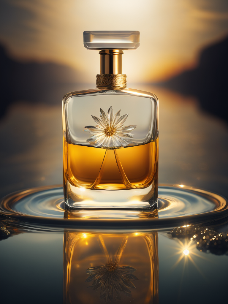 A delicate and noble glass perfume bottle was placed in the middle of the water，The sunlight asperses full, on the water flutters falls ，the petalhas ，the dewthe crystal ，clear feelingthe warm color tone,Headshot Center，the composition，Hyper，realistic style，realistic，photography，high detailhigh quality，high resolution，8k