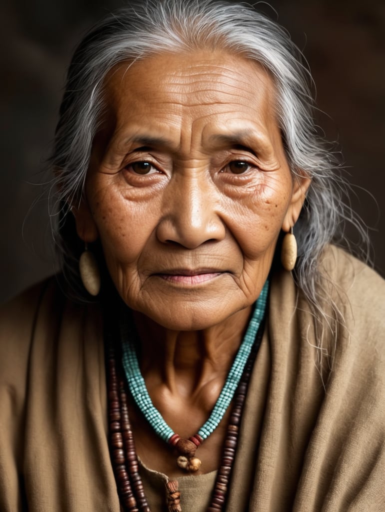 old filipino lady who looks like a native healer. whole body. looks trustworthy