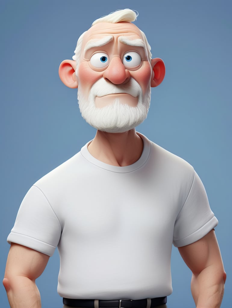 A middle-aged albino man wearing a white T-shirt, isolated, blue background, mockup, mock up