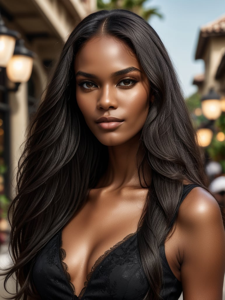 uma linda modelo negra de cabelos lisos, pretos e muito compridos usando dolce & gabana foto hiper realista e detalhada.foto de corpo inteiro