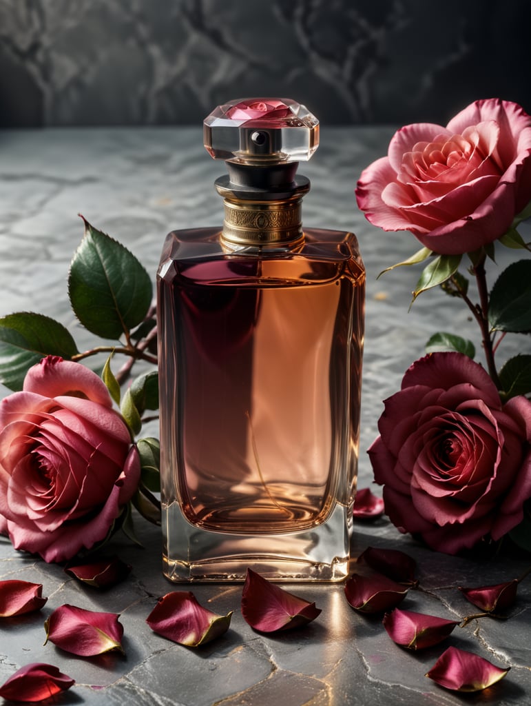 professional photography of a luxury perfume, square bottle, surrounding a rose petals, rose satin scarf on a background, no label, clear, mockup