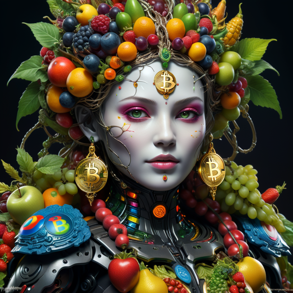 Abstract female humanoid made out of fruits and bitcoin logo