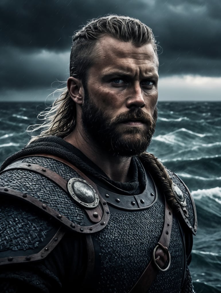 A portrait of viking warrior at the boat in the ocean, stormy weather