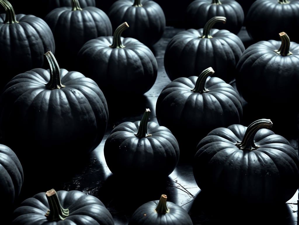 Black pumpkins on a black background 8k 50 pumpkins in view