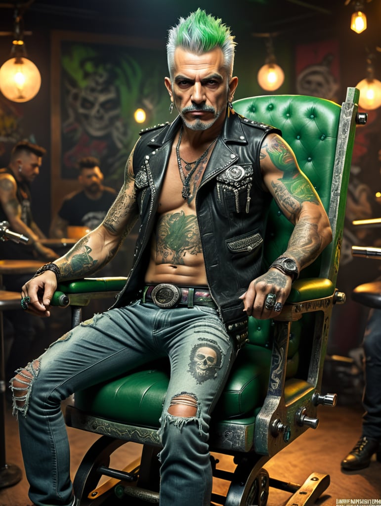 Alberto Baillères Mexican billionaire businessman as a punk rocker, full body, arms tattoos and face, piercing on face, green and white hair, on a rocker bar