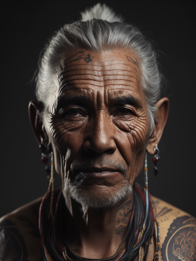 Portrait of a tribal elder with a face tattoo, photography, beautiful, black background, colorful, realistic, masterpieces, top quality, best quality, official art, beautiful and aesthetic