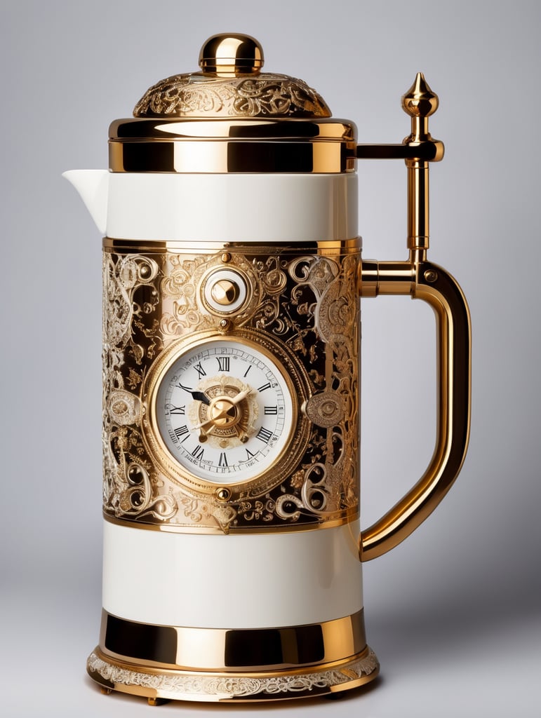 coffee maker made in steampunk style, decorated with gold, carved white plastic, ivory color, deep engraving