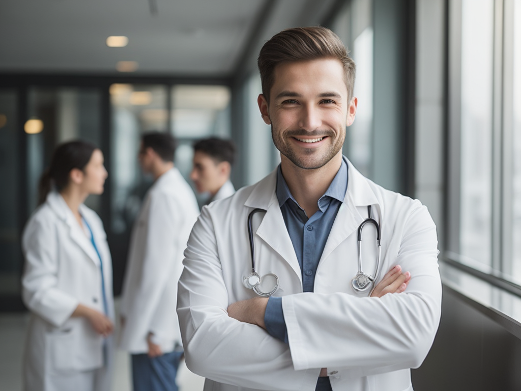 happy slavic doctor in hospital lobby, bright daylight, ultra-realistic, sharp focus, detail, 70mm, cinematic, film, realistic, photography