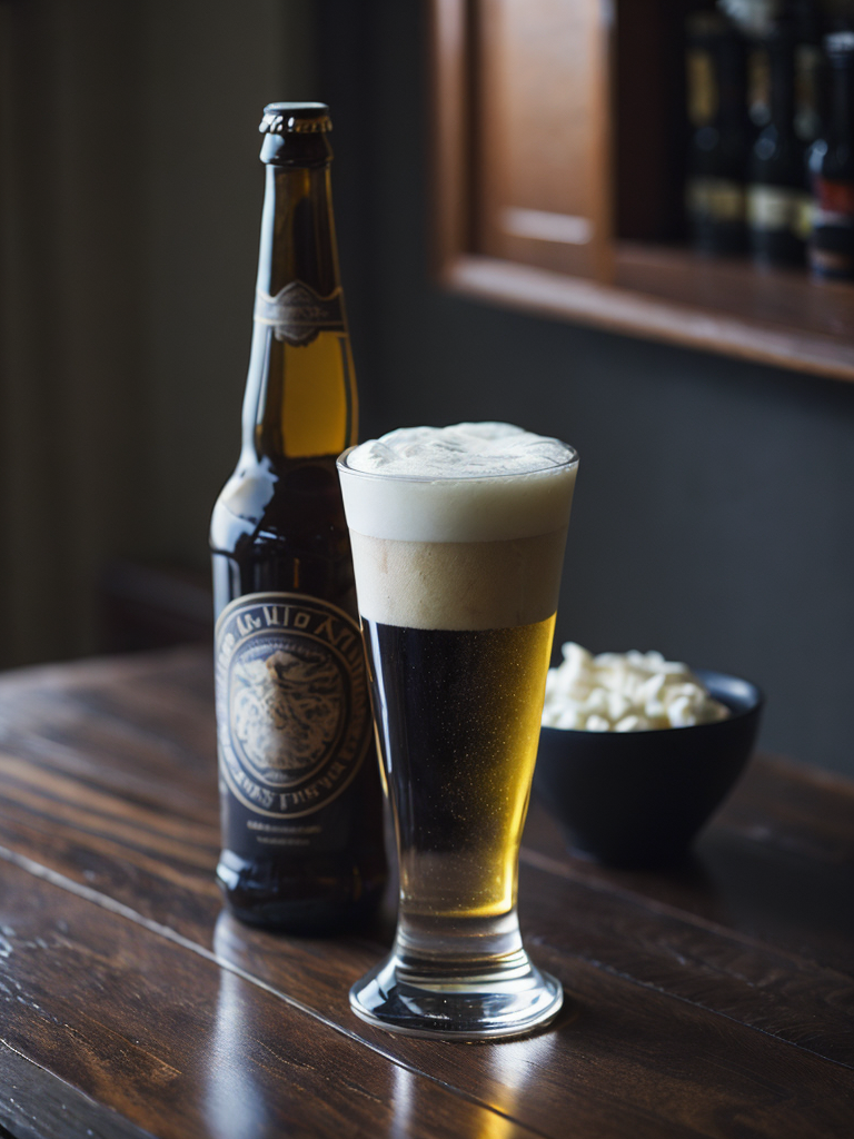 beer glass in a front and beer bottle on a back, dark atmosphere