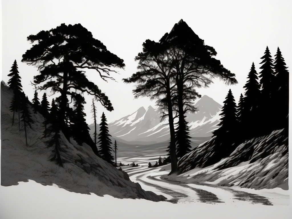 simplistic mountain scene with sparse pine trees, black and white pen and ink drawing