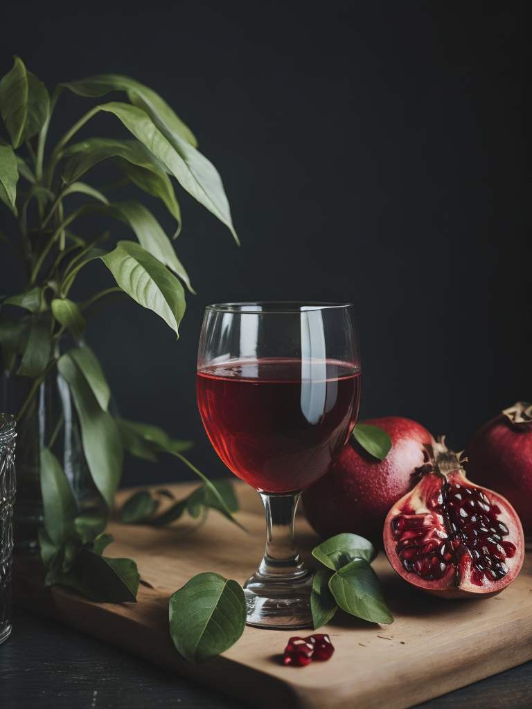 a glass of homemade pomegranate juices, green leaves and pomegranate on the table, deep colors, dark atmosphere