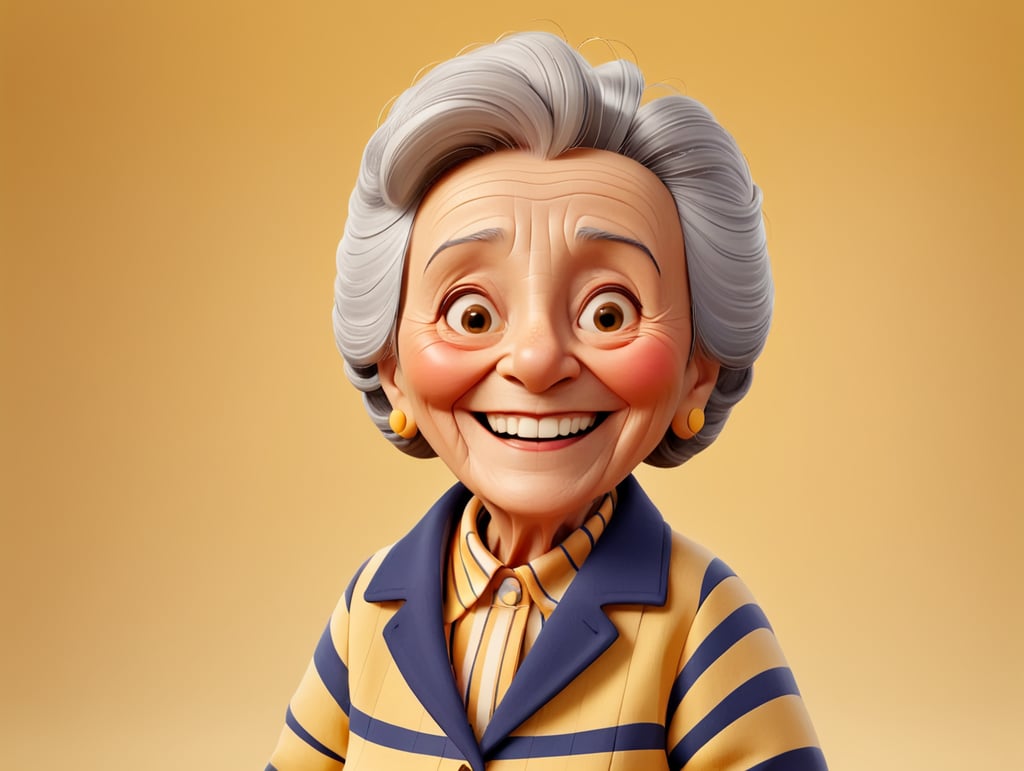 Smiling and cheerful old lady in a striped jacket on an isolated yellow background