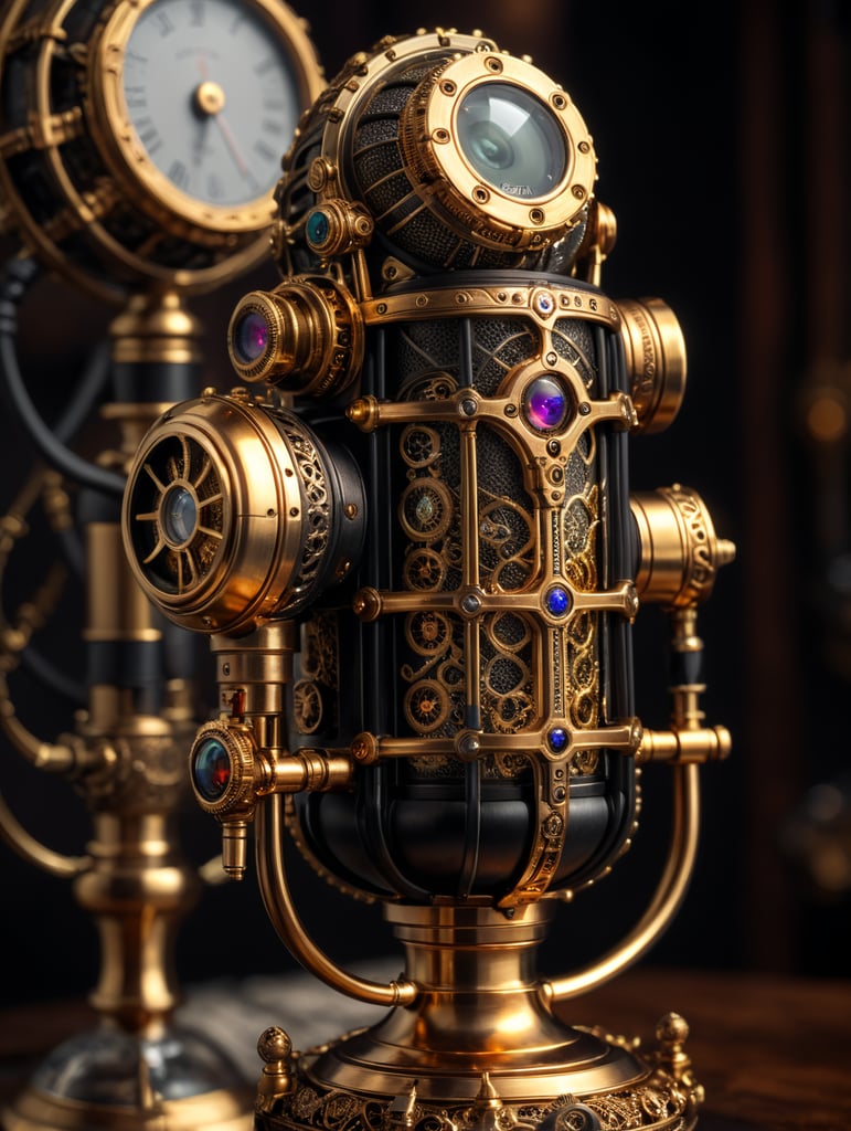 podcast mic made by a skilled craftsman in gold perfume bottle steampunk style