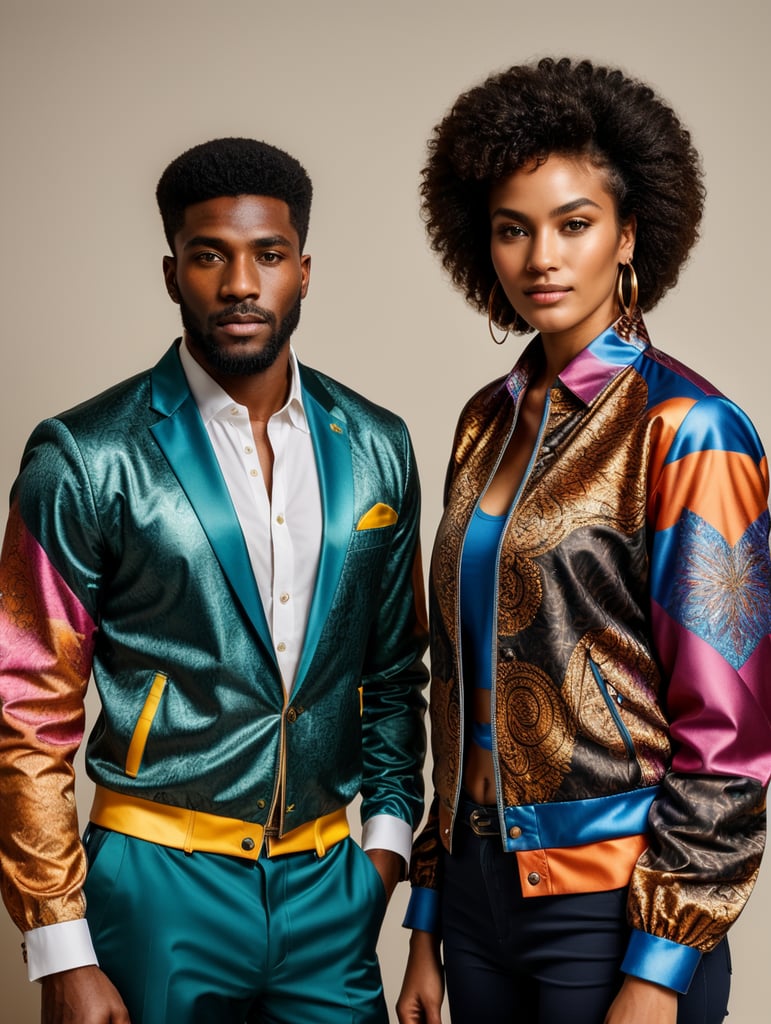 The assemblage has a very naturalistic style, with trademark use of bold colors and brushstrokes. Sportiv man and women, afro dandy, athletic shape, 80's afrobeat, custom made jacket african shirt, colorful fabric, african curtain, fashion, ebony, black, mannequin, 3d model, couple, centered image