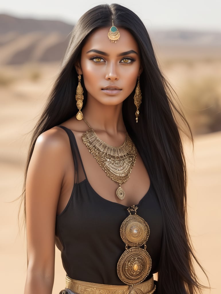 Waist up 5’10 willowy build bronzed skin young woman with slanted golden eyes and straight very long black hair and gold jewelry in a Desert