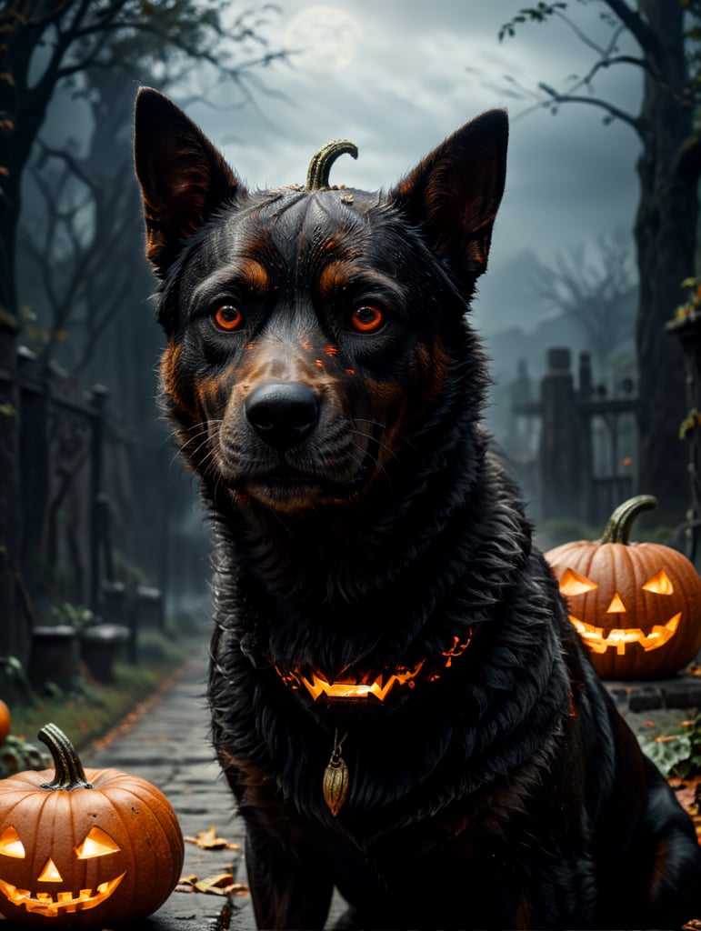 a black dog with Halloween pumpkin head, photorealistic illustration, scary, dark