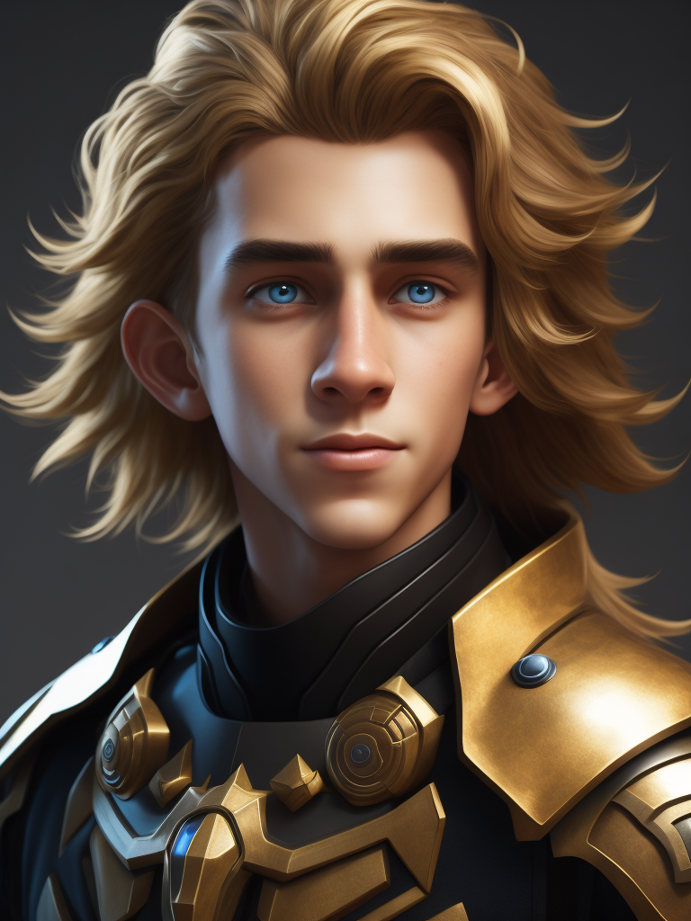 a young gamer boy dressed as a Valorant character, a creative, and kind-hearted person with long, curly blonde hair, big eyes, a small nose, and a smiling mouth, standing centered in 3D style, rendered using beautiful Disney animation, Pixar style, Disney style, 3D style