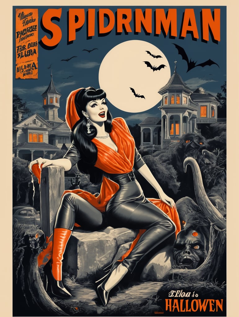 1950's b-movie horror halloween t-shirt print design featuring Elvira
