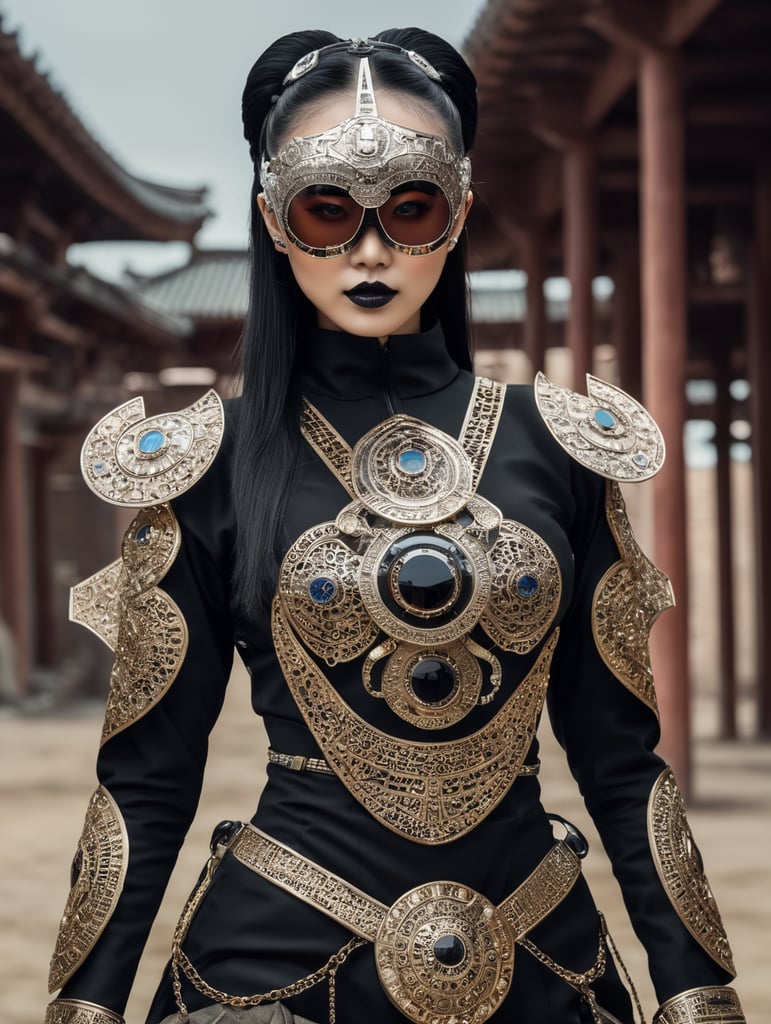 Jeweled mask, solarpunk travaler, futuristic mongolian nomad, traditional japanese outfit, gothic, avant garde glasses, technical outfit, construction worker, full body, women posing, epic portraiture, culturally diverse elements, full body, award winning photography, tinted light, modern african high fashion, futuristic experimental fashion photograghy, gothic avant garde, religious iconography, thick jewelry, abstract painted dress, matt black mask