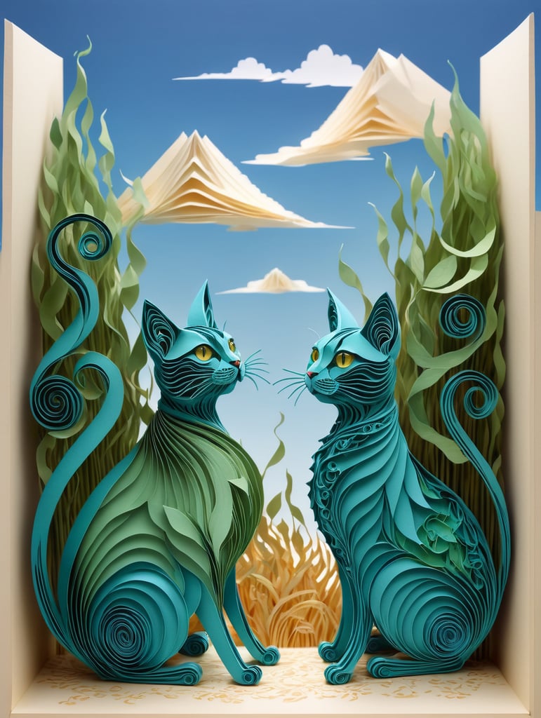 Green cats with very long, thin legs. Painted in the style of Salvador Dali. Blue sky.