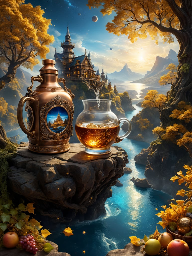 16K ultra cinematic High quality resolution Image, the Flying Dutchman made of detailed wires revealing pistons, detailed motor parts, copper trimmings, (( inside old fashion large glass whisky jug with handle)), In the vast expanse of the cosmos, Above, a mesmerizing tapestry of planets, galaxies, and stars illuminates the scene. Below, a golden street meanders towards a radiant blue glass-colored river. On the right, a multicolored tree bursts with lustrous fruits, adding life to the luminous spectacle, infinite background