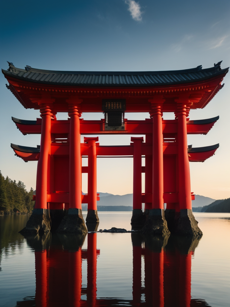 Red torii gate in middle of a lake, Dense forest on the edge of the lake, Bright and saturated colors, Japanese culture, photorealistic, contrast light