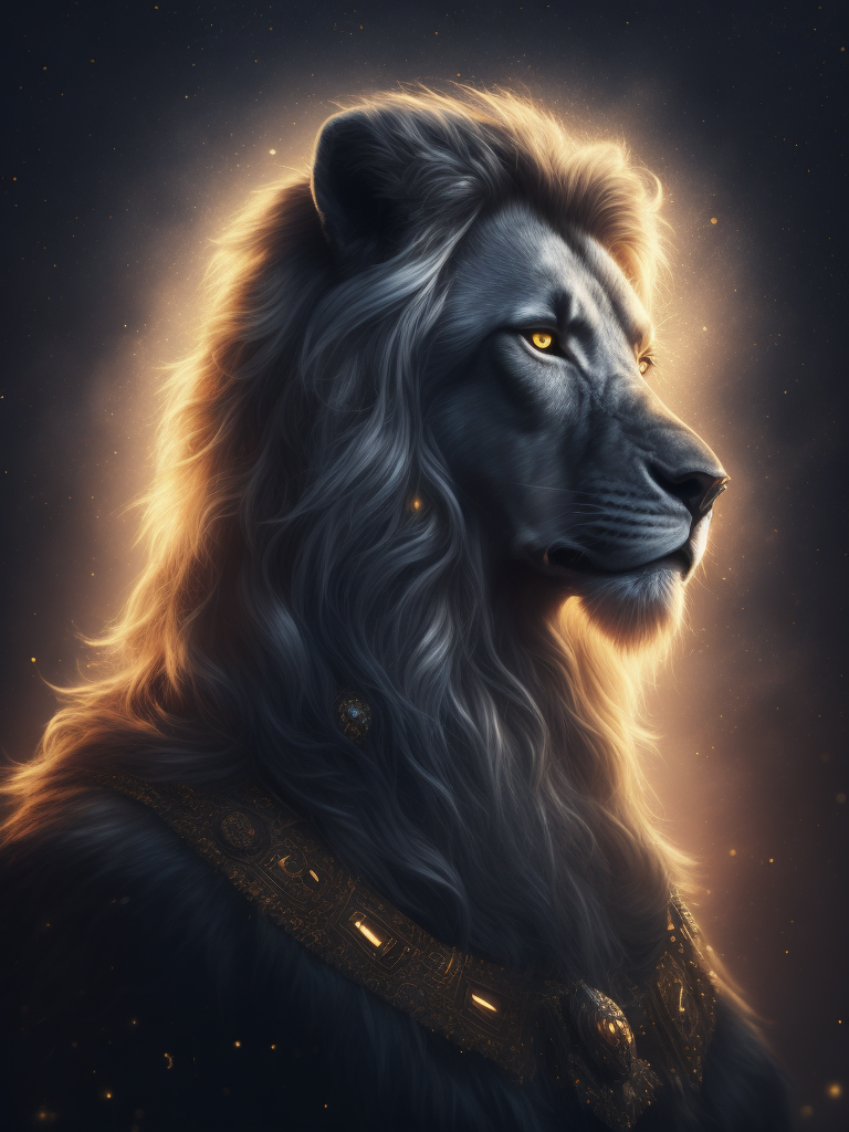 Grey Leo horoscope abstract image, magic style, night and lights,portrait, with crown,