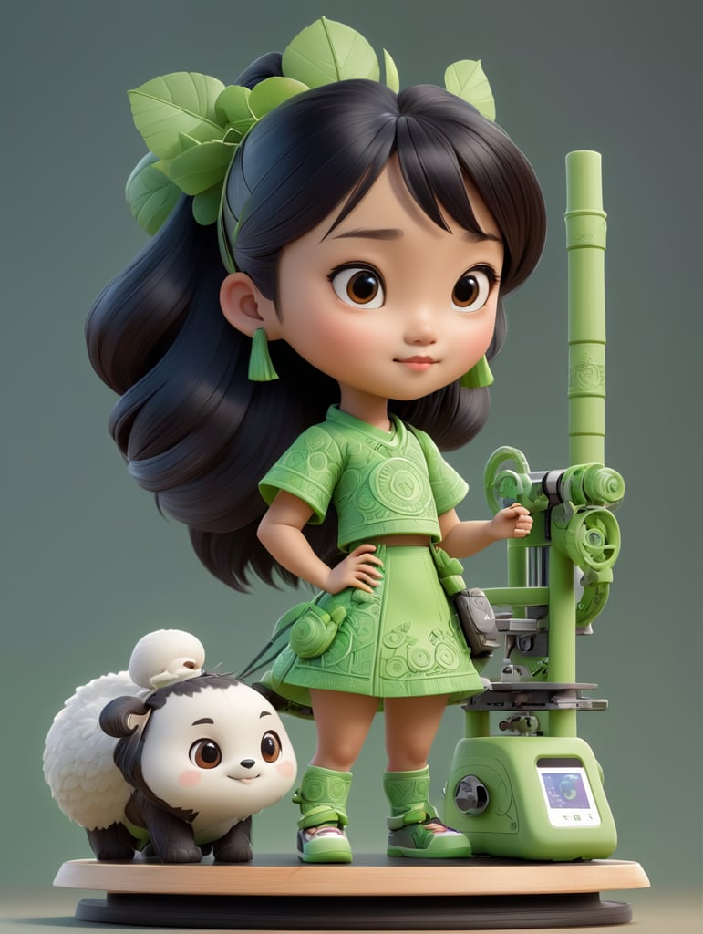 create an ai generated vector image of a very cartooned young Asian girl with a bambu lab 3d printer with no background