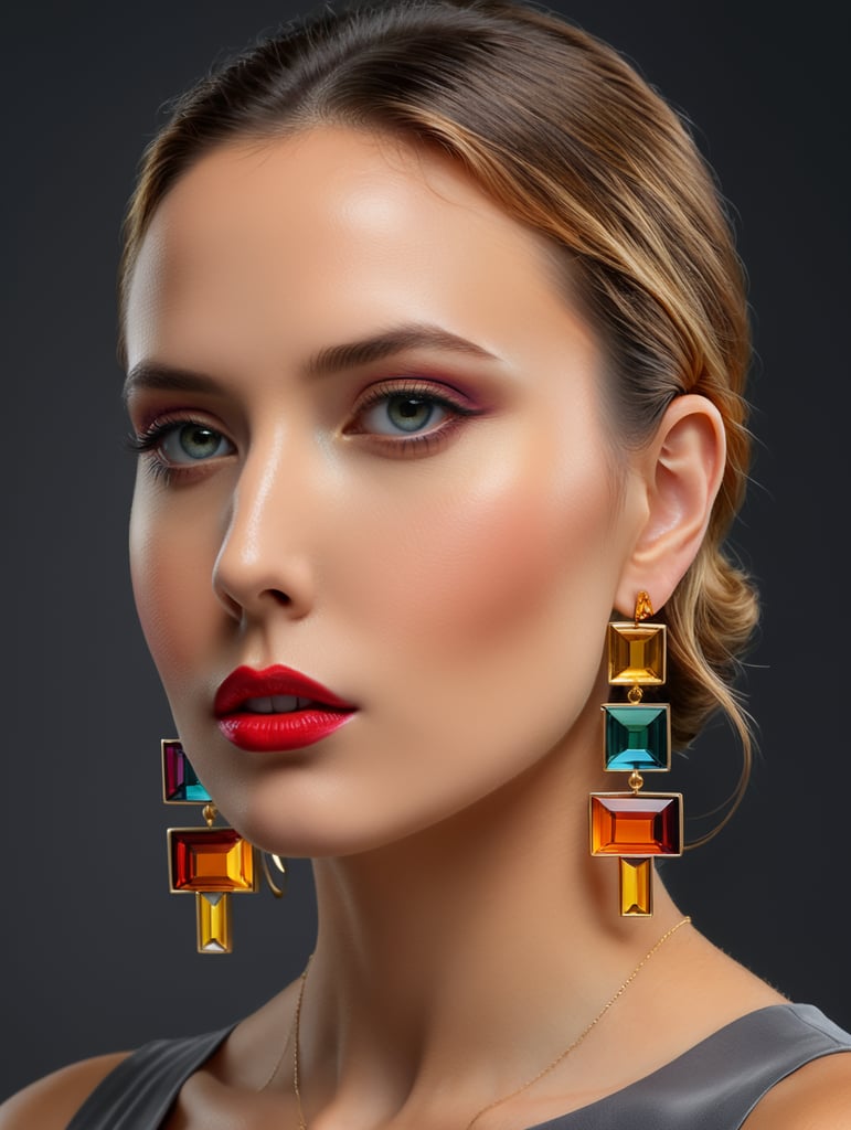 Minimalist earrings of vibrant colors with ACRYLIC and gold materials inspired by the architecture of Luis Barragán placed on a woman with a beautiful face and a dark gray background.