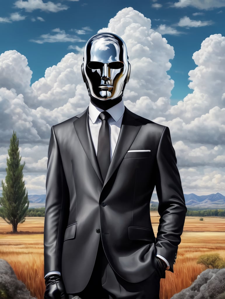Portrait of a faceless reflective chrome - head man in a suit and black gloves, clouds and nature landscape in the background, realistic, distance, centered, hd, high resolution, high detail,
