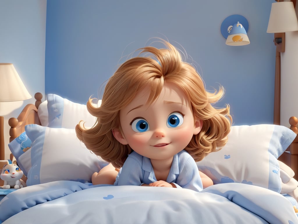 Light brown haired, blue eyed little girl waking up in bed