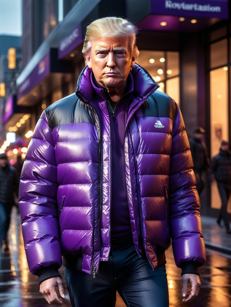 Professional photo glamour of Donald Trump looking stylish in a luminous purple puffer jacket
