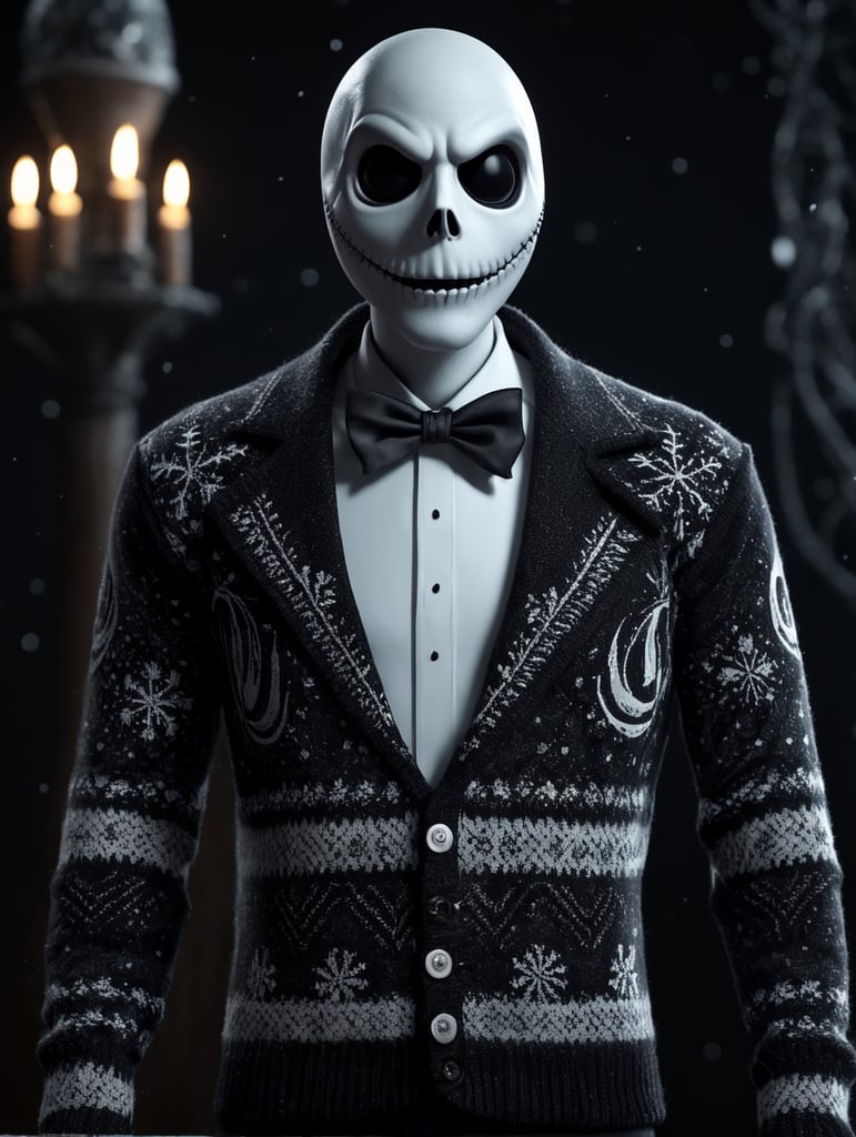 Jack Skellington standing wearing an ugly Christmas sweater
