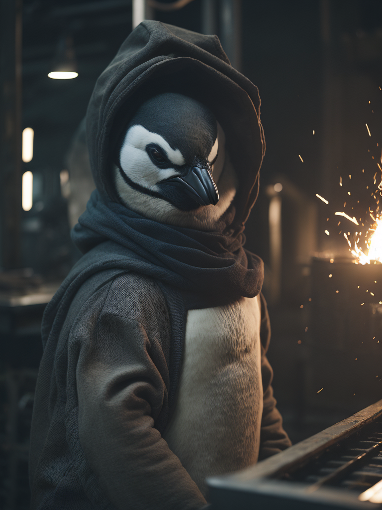 Image of an emperor penguin wearing a welding hood beer in a steel mill