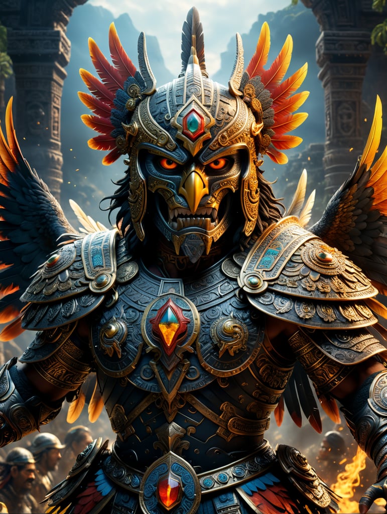 Insanely detailed photograph of An elaborate and insanely mighty "Aztec Eagle Knight with superpowers, fighting with the evil spirits of Mictlan in ancient Tenochtitlán" ZBrush Central fantasy art 4K 64 megapixels 8K resolution HDR, cinema 4D, lovely gorgeous magnificent full body