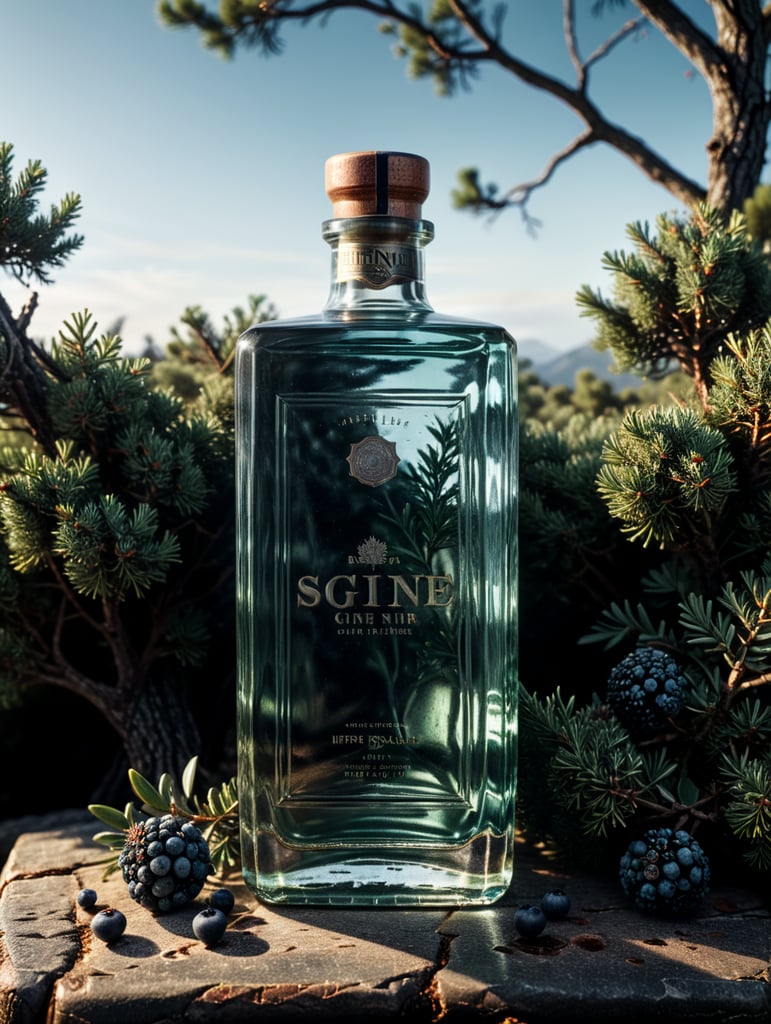 professional photography of a square gin bottle, square bottle, surrounding a juniper and juniper berries, one shot of gin in a front, no label, clear, mockup
